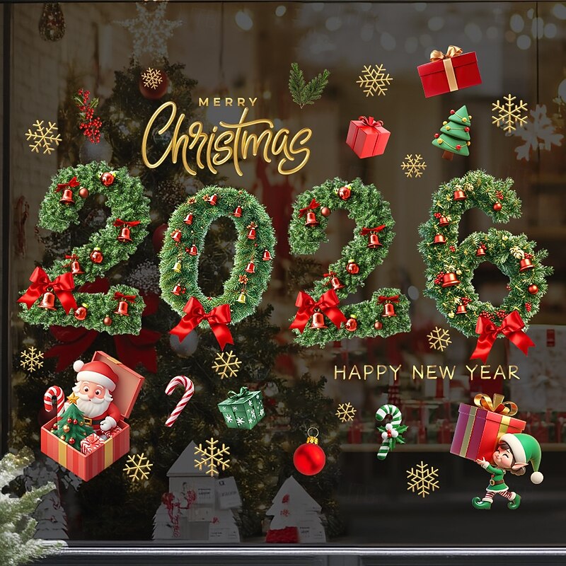 Christmas Window Clings Xmas Wall Sticker 2026 Holiday Decorations Green Pine Needle Bell Reusable Static Clings Non Adhesive Glass Stickers Indoor Outdoor Festive Door Window Decor3