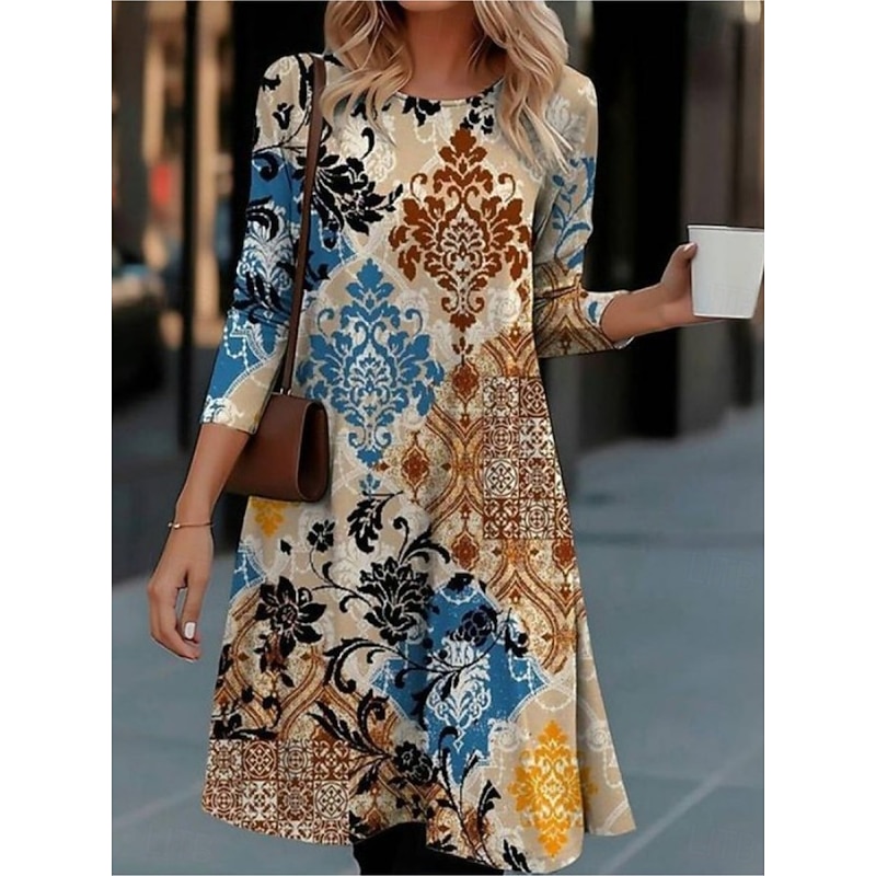 Women's Midi Dress Sheath Dress T Shirt Dress Tee Dress A Line Dress Athletic Dress Vacation Casual Boho Daily Regular Fit Floral Graphic Geometric Long Sleeve Crew Neck Light Brown Light Grey Summer - Main Image
