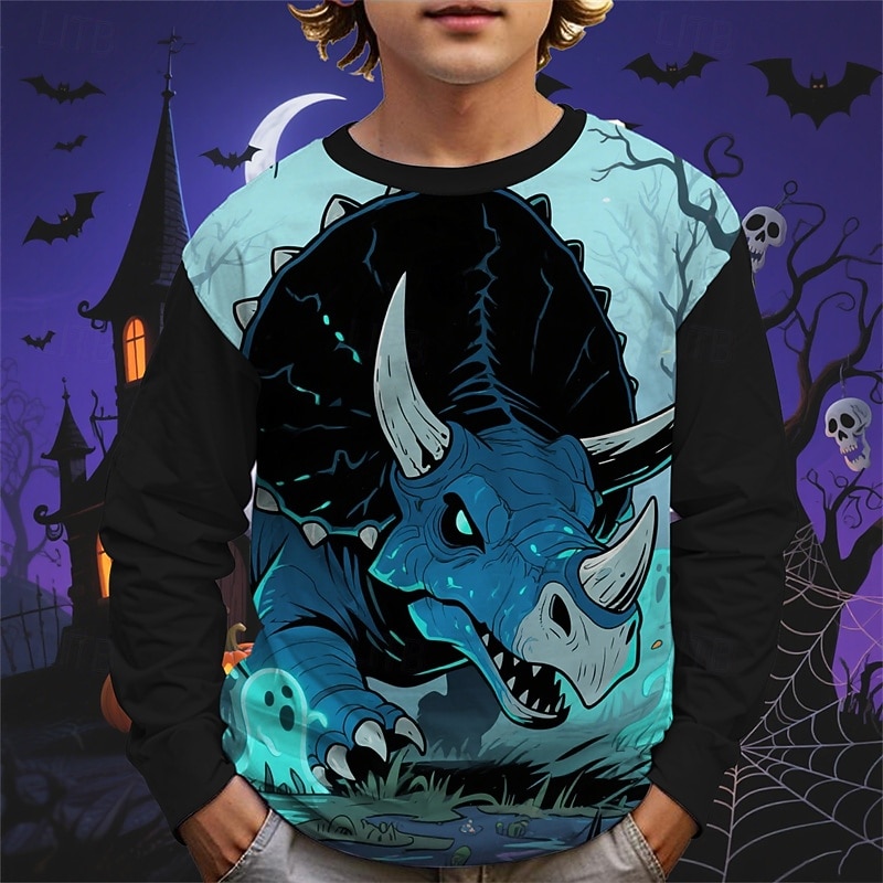 Halloween Boys' 3D Animal Cartoon Ghost T shirt Tee Long Sleeve Spring Fall Fashion Basic Kids 4-12 Years Crew Neck Outdoor Casual Daily Regular Fit2