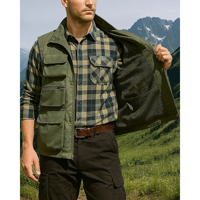 Men's Hiking Vest Fleece Vest Sleeveless Vest Outdoor Thermal Warm Winter Multiple Pockets Nylon Black Army Green Khaki Hunting Fishing Climbing - Main Image