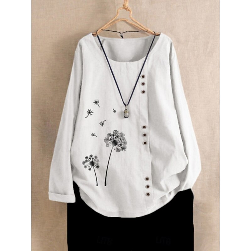Women's Cotton Linen Shirts Floral Basic Casual Long Sleeve Crew Neck Regular Tops Daily Buttons Print White Navy Blue Summer Fall3