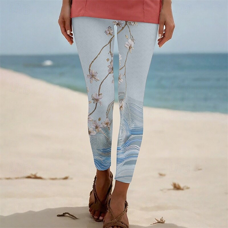 Women's Pants Trousers Leggings Cozy Leggings Streetwear Casual Full Length High Waist Floral Elastic Waist Print Breathability Comfortable Stretchy Vacation Street Daily Wear Light Blue Summer