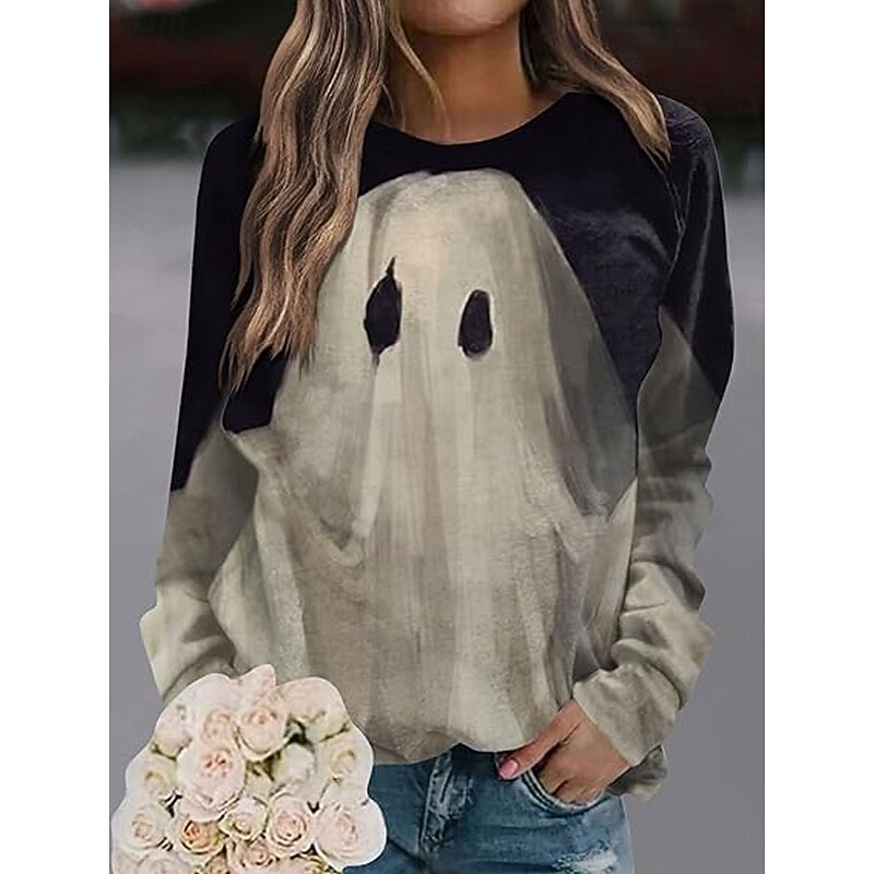 Halloween Women's Pullover Ghost Graphic Casual Long Sleeve Crew Neck Regular Tops Casual Black Brown Green Gray Fall2