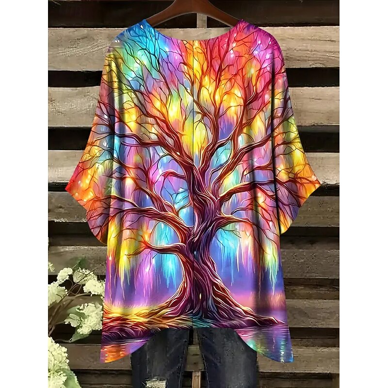 Women's Blouse Floral Graphic Animal Vintage Daily Casual Half Sleeve Batwing Sleeve Crew Neck Regular Tops Daily Holiday Beach Wear Asymmetric Orange Rainbow Beige Gray Summer Spring2