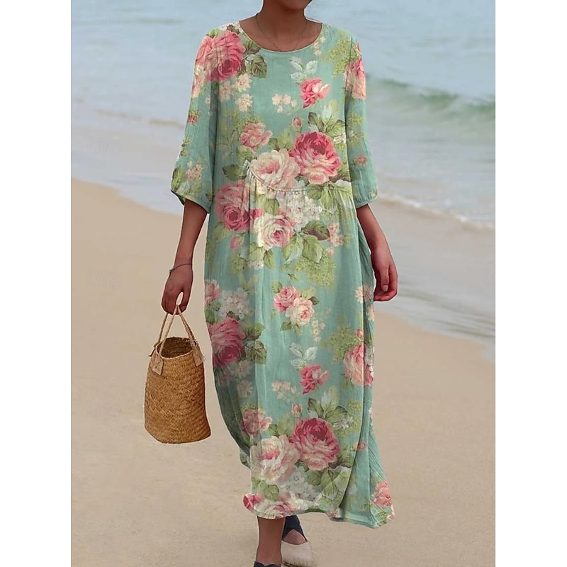 Women's Maxi Dress Kaftan 3/4 Length Sleeve Crew Neck Casual Shift Dress Dress Boho Daily Holiday Date Floral Graphic Yellow Pink Blue Green Spring Fall4