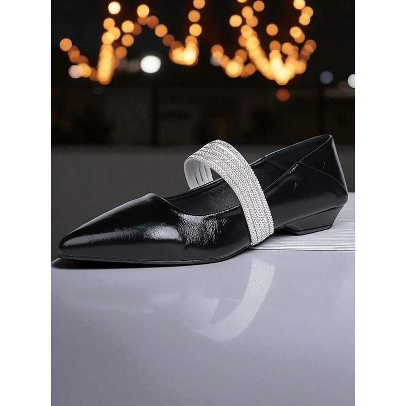Women's Black Patent Leather Pointed Toe Flats - Elegant Rhinestone Strap Slip-On Shoes for Formal and High-End Parties3