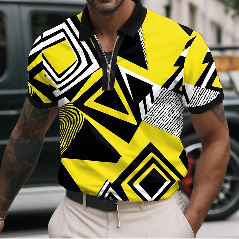 Men's Geometic Zip Polo Shirts Short Sleeve Polo Shirts Collared Shirts Casual Athleisure Daily Wear 3D Print Summer Yellow Red Blue4