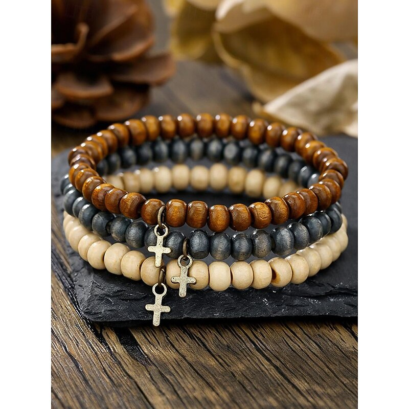 Men's Wooden Beaded Cross Bracelet Set – Natural Rustic Style Stretch Bracelets for Casual, Beach or Spiritual Wear