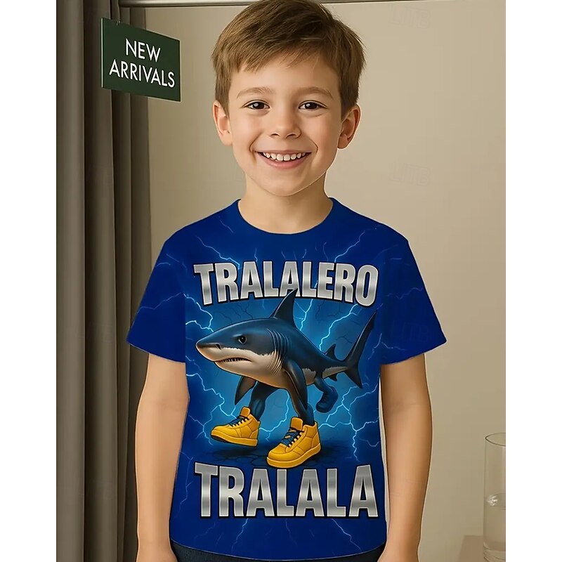 Boys' Tralalero Tralala Shark Graphic T-Shirt - Vibrant Purple Casual Summer Tee with 3D Printed Shark & Sneakers Design Breathable Round Neck Short Sleeve Top for Daily Wear Playful Graphic Tee Com