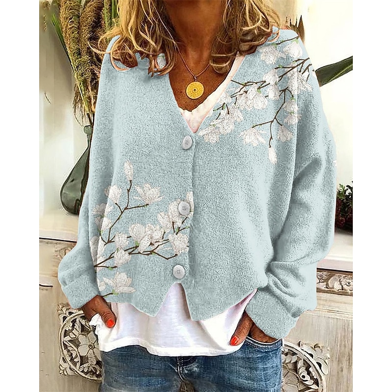 Women's Coat Casual Jacket Warm Comfortable Print Fashion Modern Casual Floral Going out Weekend Single Breasted Regular V Neck Regular Fit Long Sleeve Outerwear White Sky Blue Green Fall Winter2