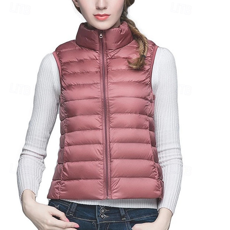 Women's Puffer Vest Vest Warm Comfortable Zipper Pocket Fashion Modern Casual Plain Going out Weekend Zipper Regular Stand Collar Regular Fit Sleeveless Outerwear Black Pink Wine Winter3