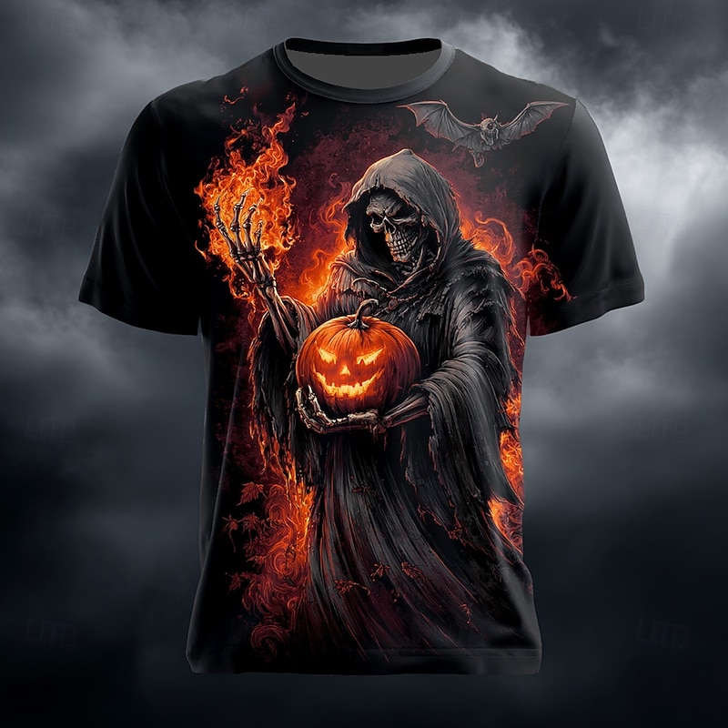 Halloween Men's Pumpkin Reaper T Shirt Short Sleeve T shirt 3D Print Crew Neck Shirt Exaggerated Designer Horror Party Street Holiday Blue Orange Green Summer Spring All Seasons Clothing Apparel S M