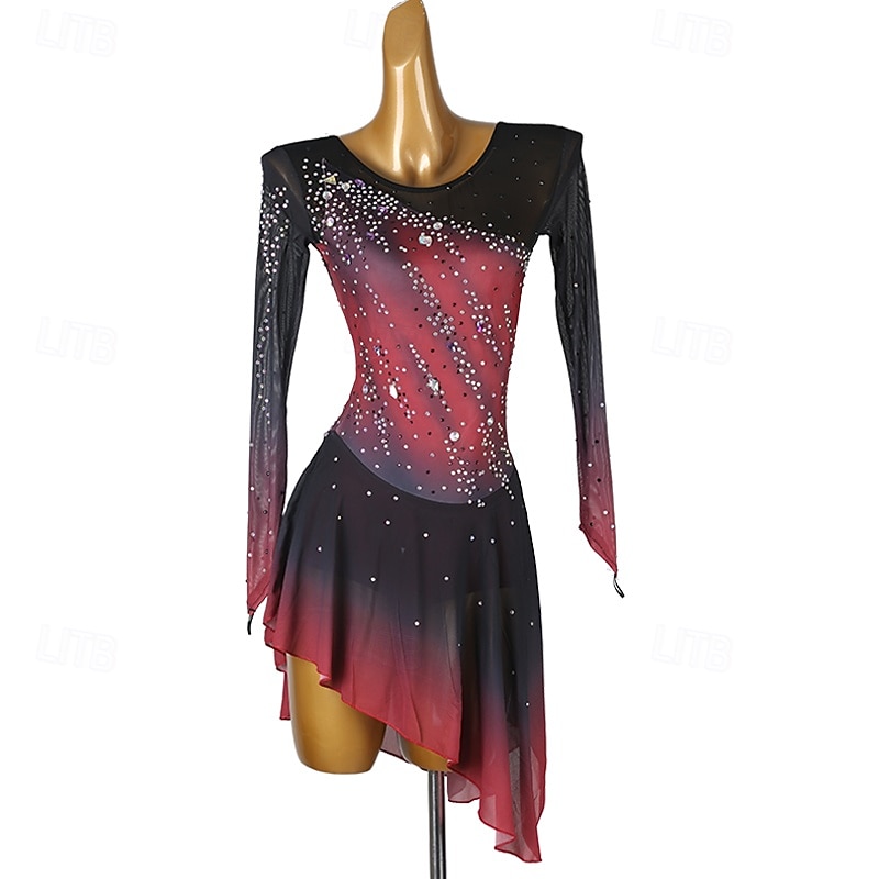 Figure Skating Dress Women's Girls' Ice Skating Dress Black+Red Patchwork Open Back Mesh Spandex High Elasticity Training Practice Professional Skating Wear Classic Crystal / Rhinestone Long Sleeve