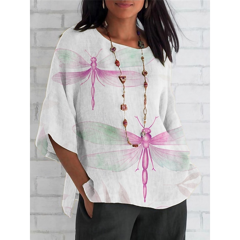 Women's Shirt Dragonfly Daily Casual 3/4 Length Sleeve Crew Neck Regular Tops Daily Holiday Print Yellow Blue Purple Green Summer Spring Fall2