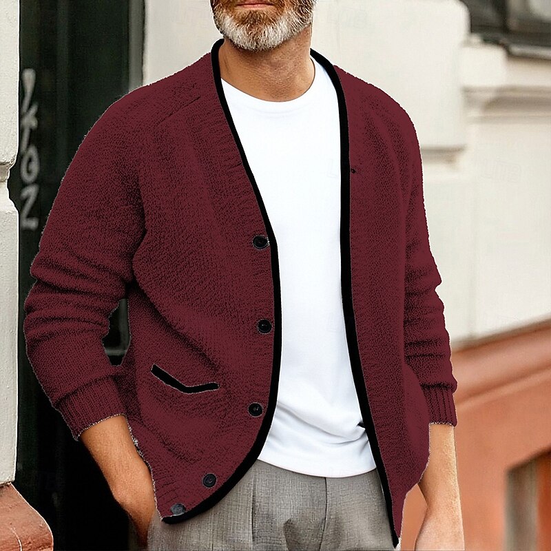 Men's Cardigan Sweater Cropped  Sweater Knit Sweater Ribbed Knit Regular Tops Pocket Buttons Plain V Neck Fashion Classic Vacation Daily Wear Clothing Apparel Fall Winter Wine Red Blue S M L2