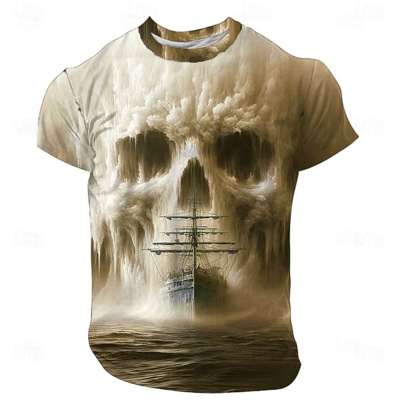 Halloween Men's Skull Optical Illusion 3D T Shirt Short Sleeve T shirt 3D Print Crew Neck Shirt Exaggerated Designer Horror Party Street Holiday Blue Khaki Summer Spring All Seasons Clothing Apparel