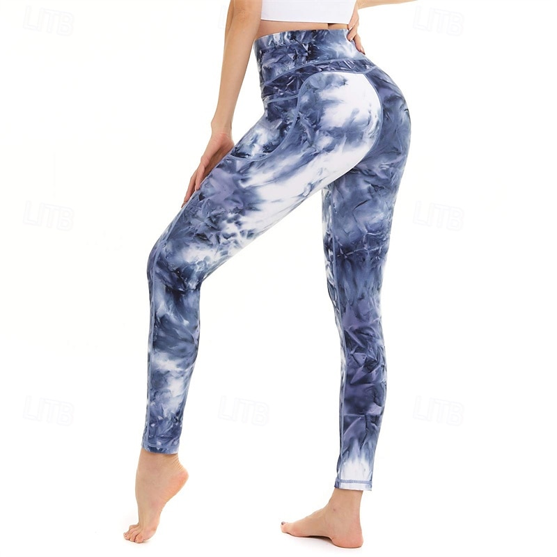 Women's Capri Leggings Yoga Leggings with Pockets Tummy Control Gym Athletic Running Bottoms Abstract Printing Blue Dark Blue Rose Red Fall Sports Activewear Slim2