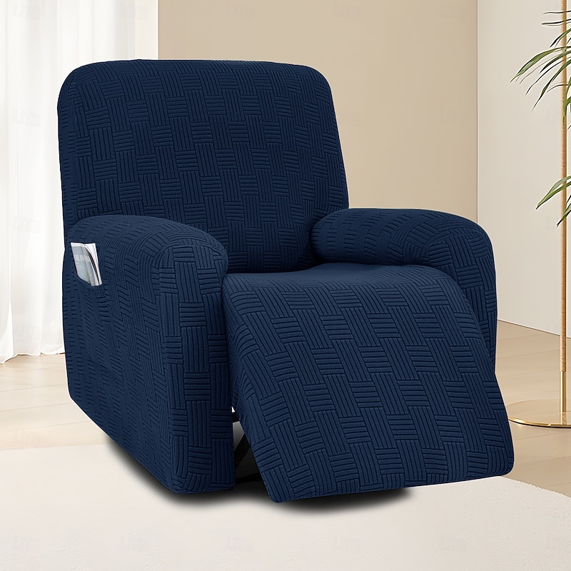 1-Seater Recliner Chair Cover with 5x5 Grid Design - Stretch Slipcover with Low Back and Wing Detail for Lounge or Living Room4