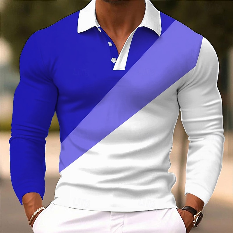 Men's Geometric Abstract Polo Long Sleeve Polo Shirts Lapel Casual Athleisure Daily Wear 3D Print Buttons Spring Fall Winter Blue Orange Green3