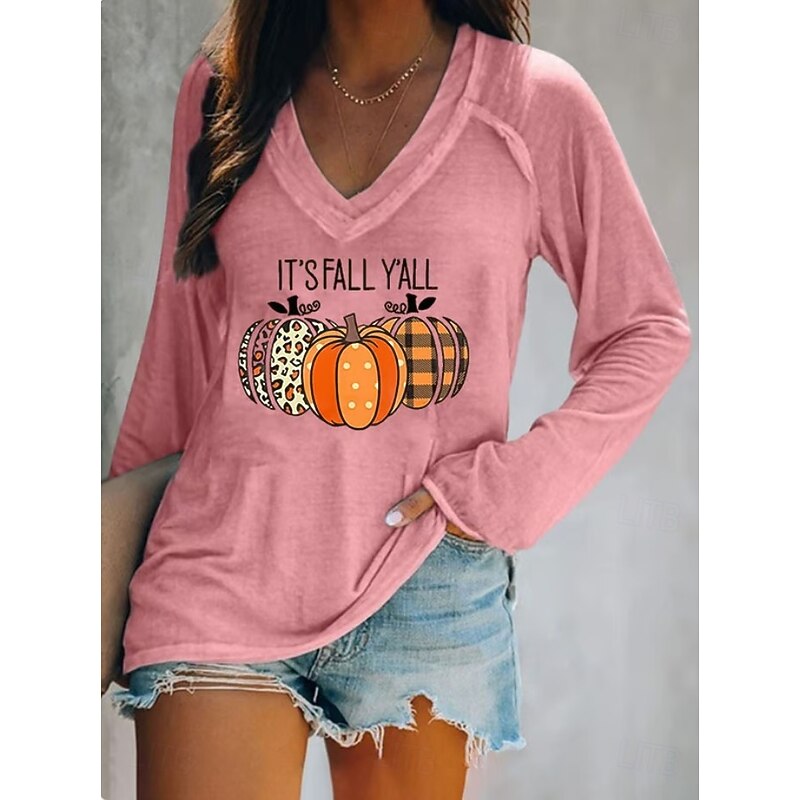 Halloween Women's T shirt Pumpkin Long Sleeve Graphic Vintage Stylish Classic Long Sleeve V Neck Regular Tops Daily Print Black White Pink Blue Orange Spring Fall Prefall3
