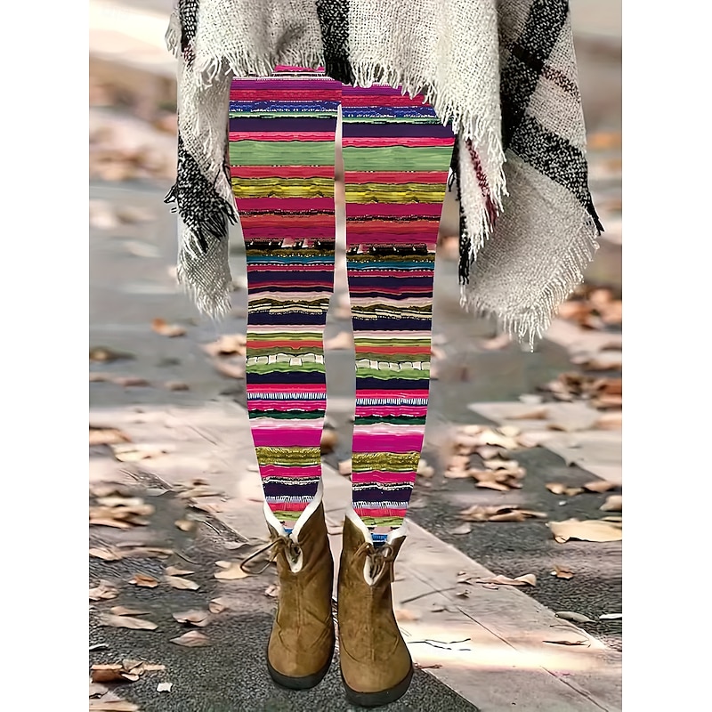 Women's Leggings Vacation Vintage Fashion Full Length High Waist Graphic Striped Printing Thermal Warm Soft Breathable High Elasticity Outdoor Vacation Street Pink Blue Orange Spring Fall Winter Slim