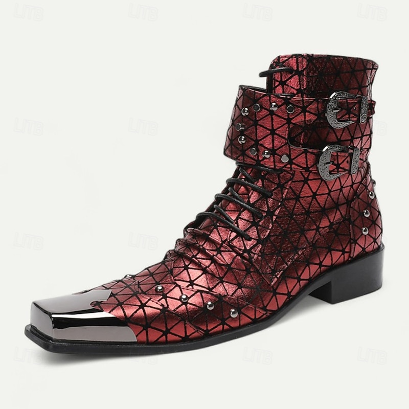 Men's Red Geometric Pattern Lace-Up Boots – Gothic Punk Pointed Toe Ankle Shoes for Concerts, Cosplay and Clubwear3