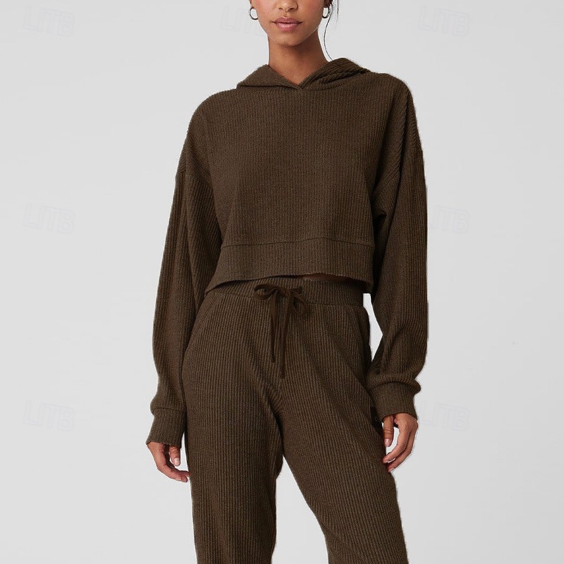 Women's Hooded Sweatshirt Fleece Sports Tracksuits with Pocket Solid Colored Clothing Suit Fall Red Dark Blue Workout Training Running High Waist Thermal Warm Long Sleeve Sport Activewear