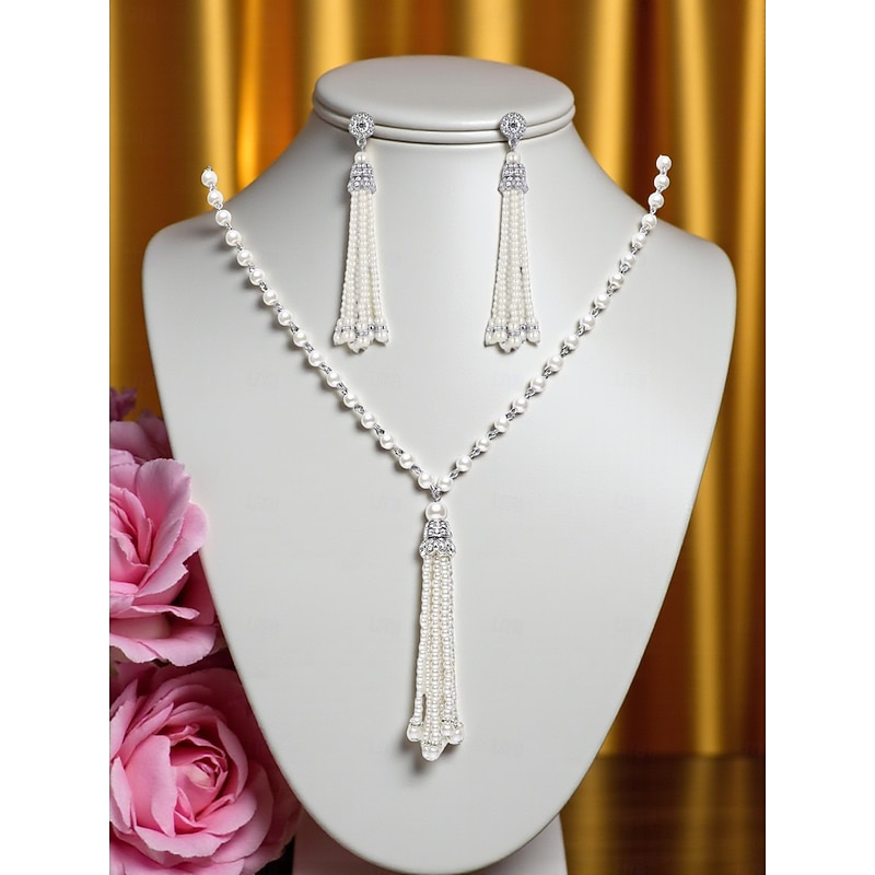 Women's 1920s Pearl Necklace and Earrings Set - Three-Layer Faux Pearl Beaded Jewelry with Rhinestone Brooch Detail, Vintage Gatsby Flapper Style Accessories for Cocktail Parties, Weddings and Themed4