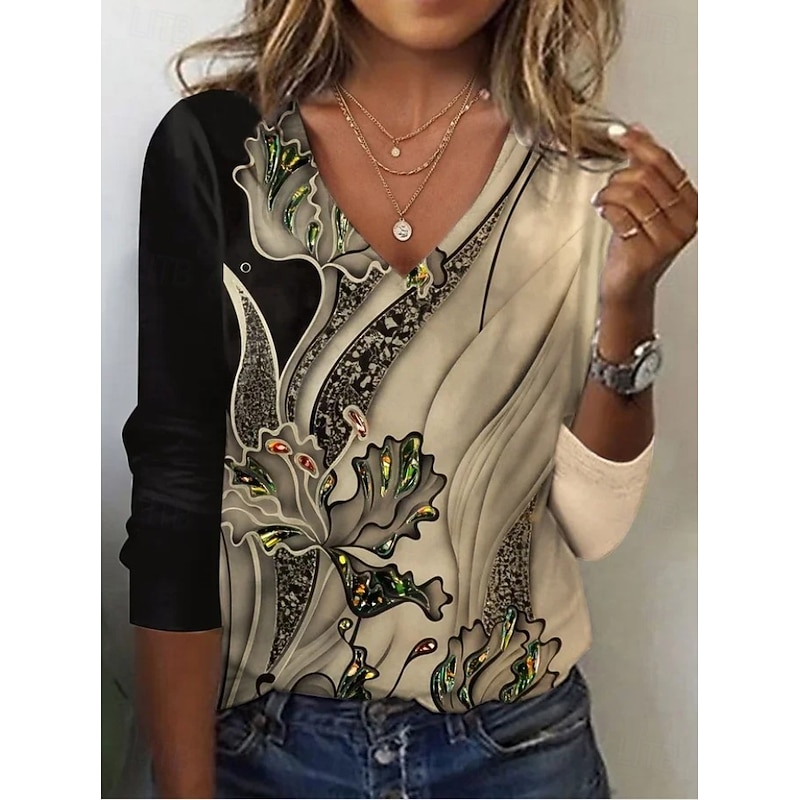 Women's T Shirt V Neck Long Sleeve Tunic Floral Graphic Plants Vintage Stylish Classic Regular Tops Daily Print Purple Orange Brown Green Summer Spring Fall2