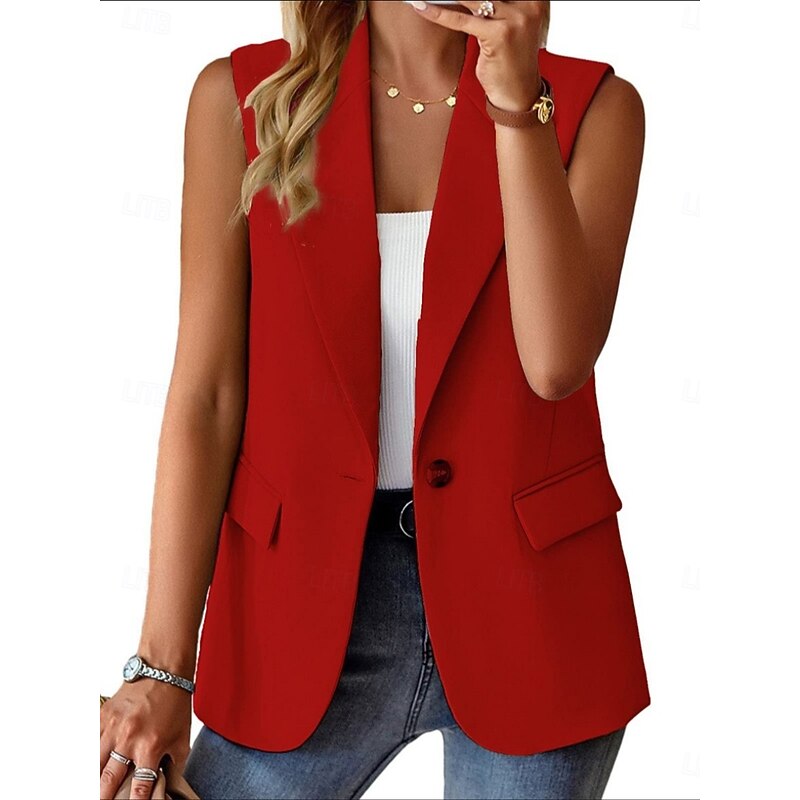 Women's Casual Jacket Vest Comfortable Breathable Pocket Buttons Casual Plain Vacation Street Casual Daily Wear Single Breasted Regular Lapel Regular Fit Sleeveless Outerwear Black White Red Summer3