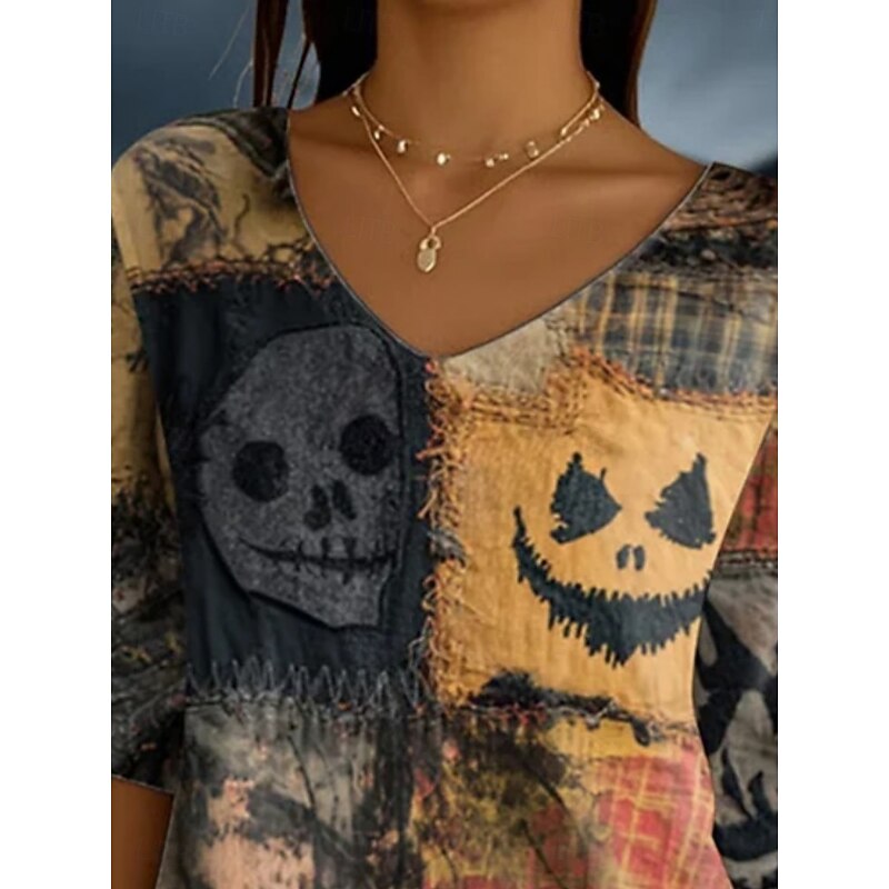 Halloween Women's Blouse Skull Daily Casual 3/4 Length Sleeve V Neck Regular Tops Daily Holiday Print Khaki Summer Spring Fall2