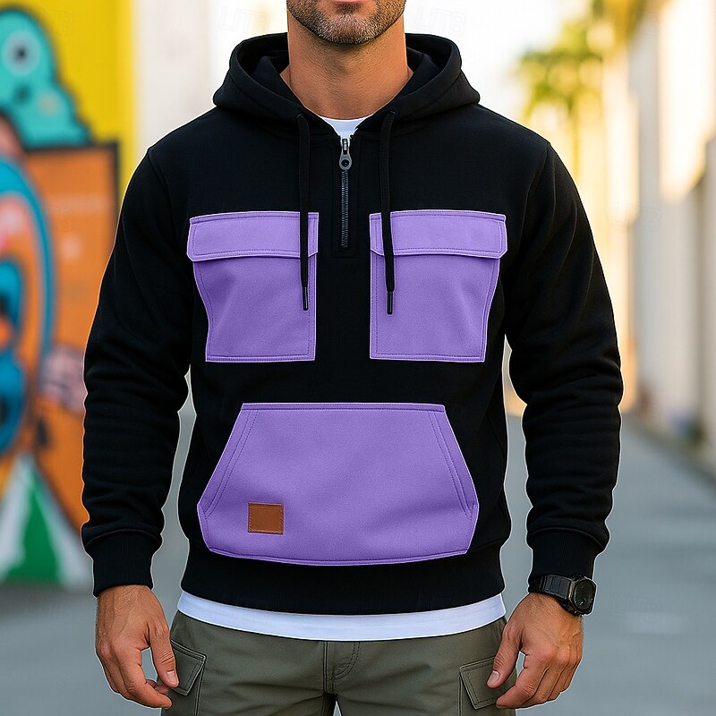 Men's Hoodie Quarter Zip Hoodie Fleece Hoodie Tactical Hoodie Red Blue Purple Green Khaki Hooded Plain Patchwork Zipper Color Block Sports & Outdoor Casual Daily Streetwear Cool Sportswear Spring2