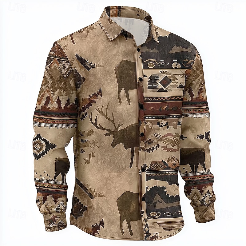 Men's Reindeer Aztec Indian Culture Shirt Button Up Shirt Long Sleeve Ethnic Vintage Retro Outdoor Casual Summer Spring Turndown 3D Print Collared Shirts Khaki