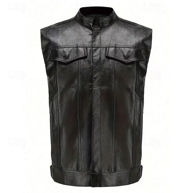 Men's Vest Gilet Faux Leather Vest Outdoor Daily Fashion Casual Spring Fall Pocket Faux Leather Comfortable Plain Zipper Stand Collar Regular Fit Black Vest3