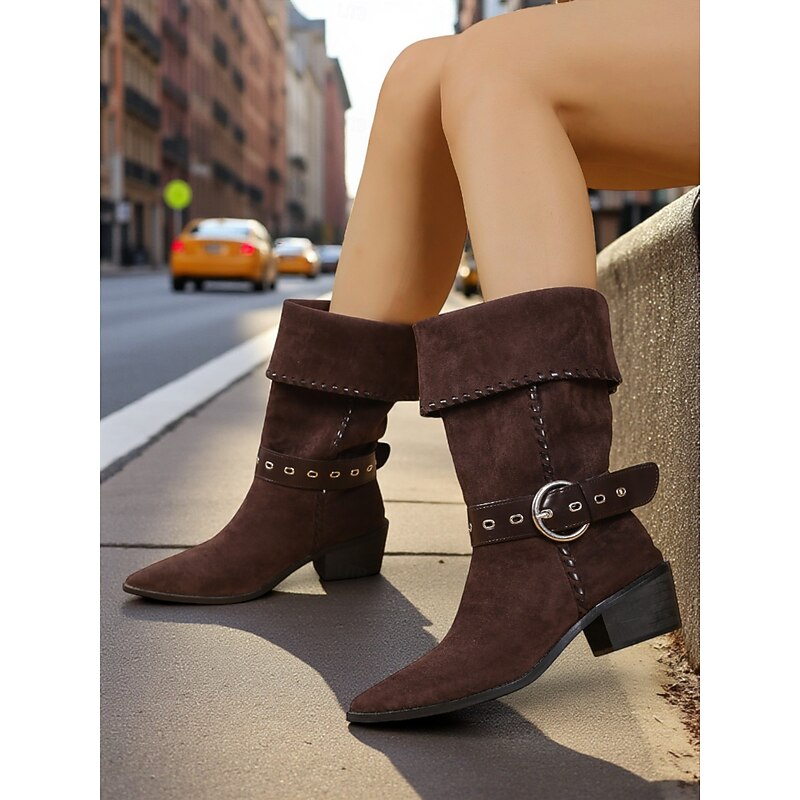 Women's Brown Suede Mid-Calf Boots – Fold-Over Western Style Booties with Buckle Strap and Low Block Heels, Fall Retro Shoes for Streetwear, Casual Outfits and Rodeo-Inspired Looks2