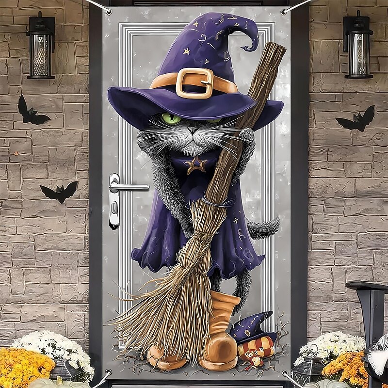 Halloween Door Cover Outdoor Banners Witch Cat Psychedelic Dark Punk Gothic Style Party Outdoor Shooting Backgrounds Front Door Wall Porch Home Decor