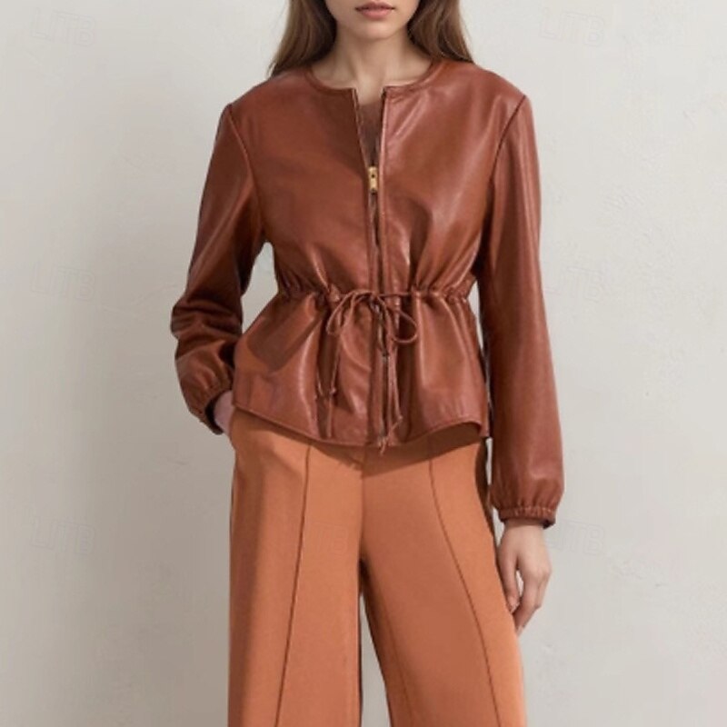 Women's Faux Leather Jacket Casual Jacket Comfortable Drawstring Zipper Fashion Plain Outdoor Street Going out Casual Daily Zipper Long Crewneck Regular Fit Long Sleeve Outerwear Brown Fall2