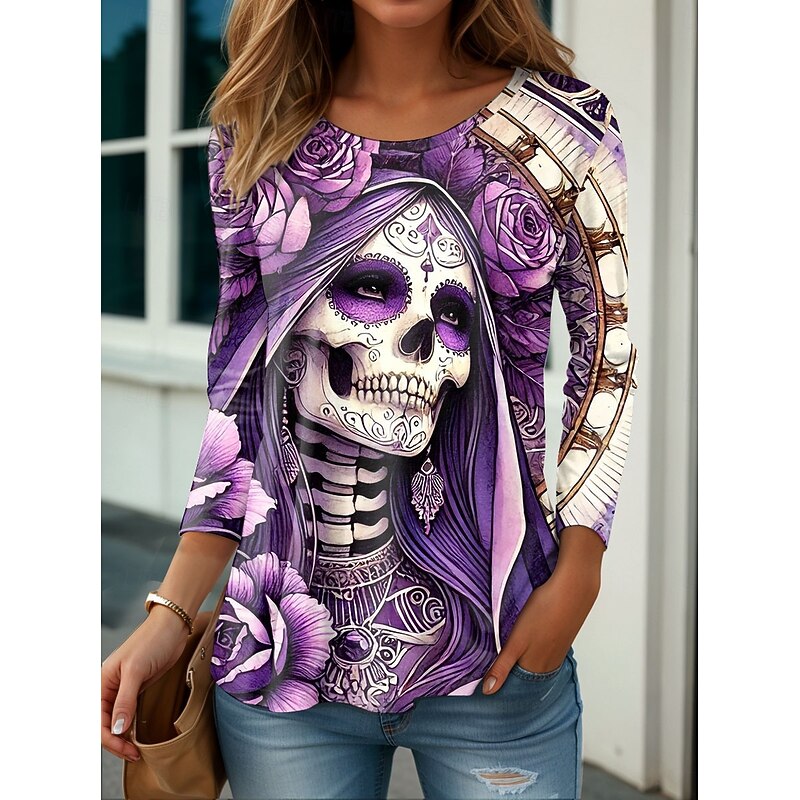 Halloween Women's T Shirt Skulls Floral Graphic Vintage Stylish Classic Long Sleeve Crew Neck Regular Tops Daily Print Blue Purple Orange Green Gray Spring Fall Winter