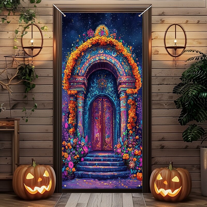 Day of the Dead Door Cover Outdoor Banners Skeleton Marigold Mexico Psychedelic Dark Punk Gothic Style Party Outdoor Shooting Backgrounds Front Door Wall Porch Home Decor3