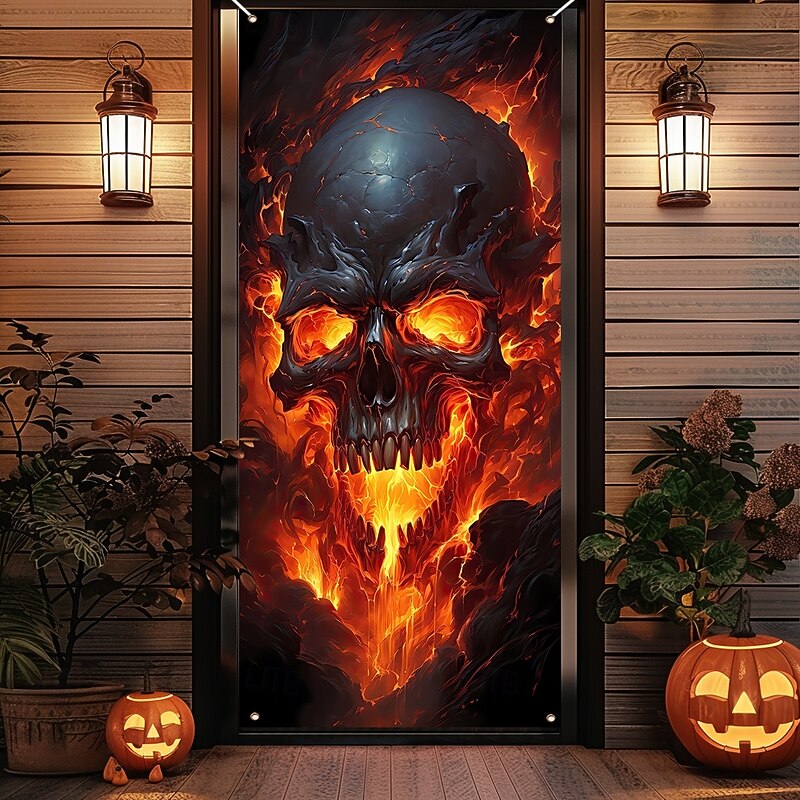 Halloween Door Cover Outdoor Banners Skeleton Flame 3D Psychedelic Dark Punk Gothic Style Party Outdoor Shooting Backgrounds Front Door Wall Porch Home Decor
