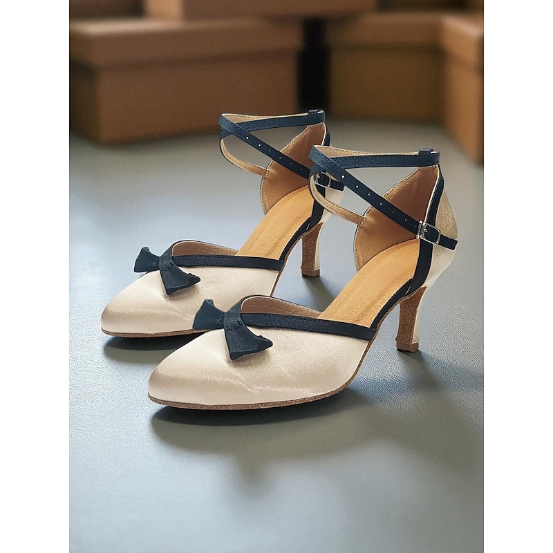 Women's Champagne Satin Ballroom Dance Shoes with Black Bow Accent, Cross Straps, Closed Toe, Mid Heel - Professional Performance Footwear for Latin and Standard Competitions2