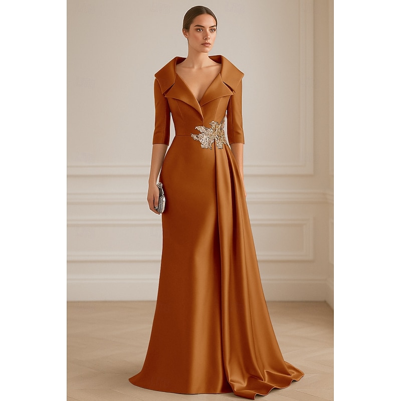 Blue Black A-Line Evening Gown Elegant Dress Formal Wedding Floor Length Half Sleeve Lapel Stretch Satin with Pleats 20254