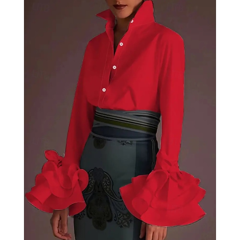 Women's Shirt Blouse Plain Stylish Modern Long Sleeve Shirt Collar Regular Tops Holiday Going out Ruffle Black White Red Green Rose Pink Fall4