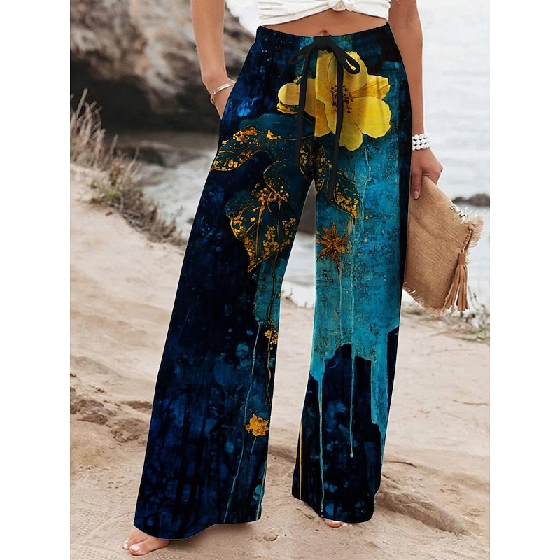 Women's Wide Leg Pants Trousers Vacation Casual Long High Waist Floral Elastic Waist Printing High Cut Breathability Soft Micro-elastic Vacation Street Daily Wear Yellow Blue Dark Green Green Spring2