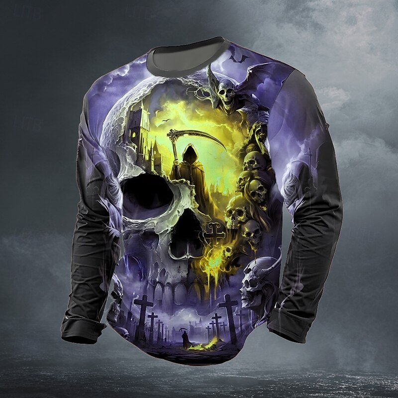 Halloween Men's Skull 3D T Shirt Long Sleeve T shirt 3D Print Crew Neck Shirt Fashion Exaggerated Street Casual Daily Blue Purple Green Summer Spring Fall Clothing Apparel S M L XL XXL XXXL2