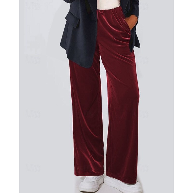 Women's Wide Leg Corduroy Pants Slacks Streetwear Casual Full Length Natural Plain Pocket Elastic Waist Comfortable Street Holiday Daily Wear Maroon Dark red Depression Green Black Fall Regular Fit - Main Image