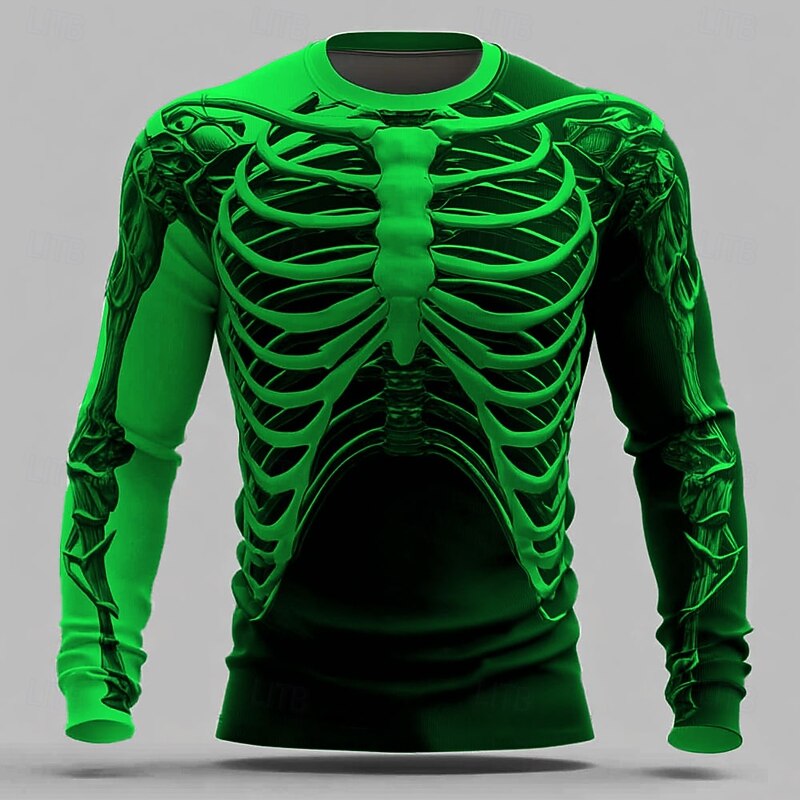 Halloween Men's 3D Skeleton T Shirt Long Sleeve T shirt 3D Print Crew Neck Shirt Fashion Exaggerated Street Casual Daily Blue Orange Green Summer Spring Fall Clothing Apparel S M L XL XXL XXXL4