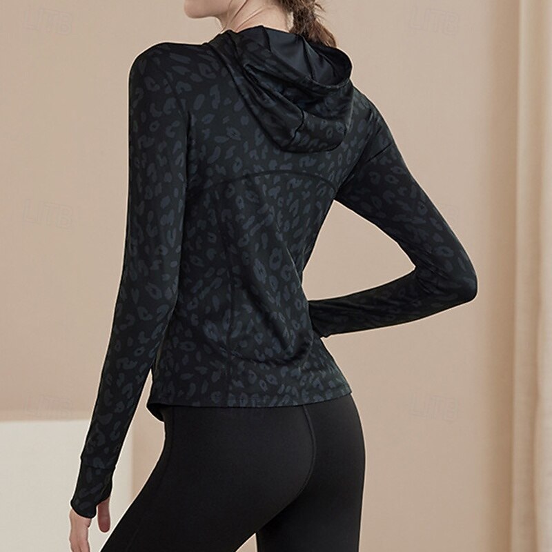 Women's Workout Jacket Stretchy Drawstring Long Sleeve Sports Leopard Top For Gym Zumba Running Slim Activewear3