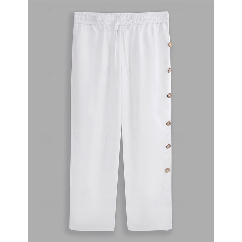 Men's Linen Pants Trousers Summer Pants Baggy Pants Drawstring Elastic Waist Side Button Plain Breathable Knee Length Outdoor Vacation Casual Vacation Ethnic Style Black White Inelastic2