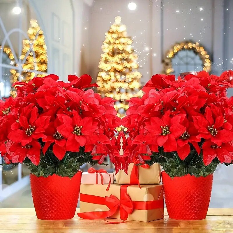 2 Bundles Christmas Poinsettia 7-Head Red Artificial Poinsettia Flowers with Plastic Green Leaves for Home Decor, Dining Table, Wedding, Christmas Tree, and Year-Round Display2